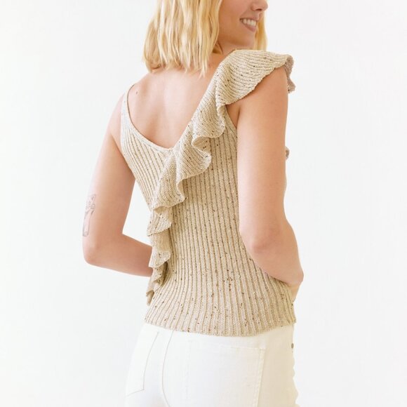 MYSTREE Beige Knit Ruffle Tank Top, Sleeveless Ribbed Sweater - Picture 6 of 10